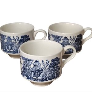 Vintage Churchill England Blue Willow Pattern Tea Cups Coffee Mugs set of 3